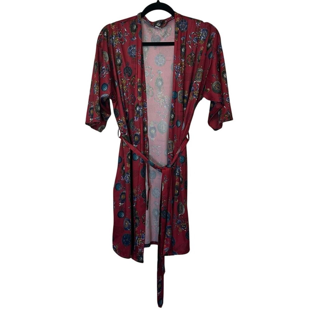 Petra Fashions One Size Robe Red Baroque Medallion Clock Print Kimono Scarf Boho